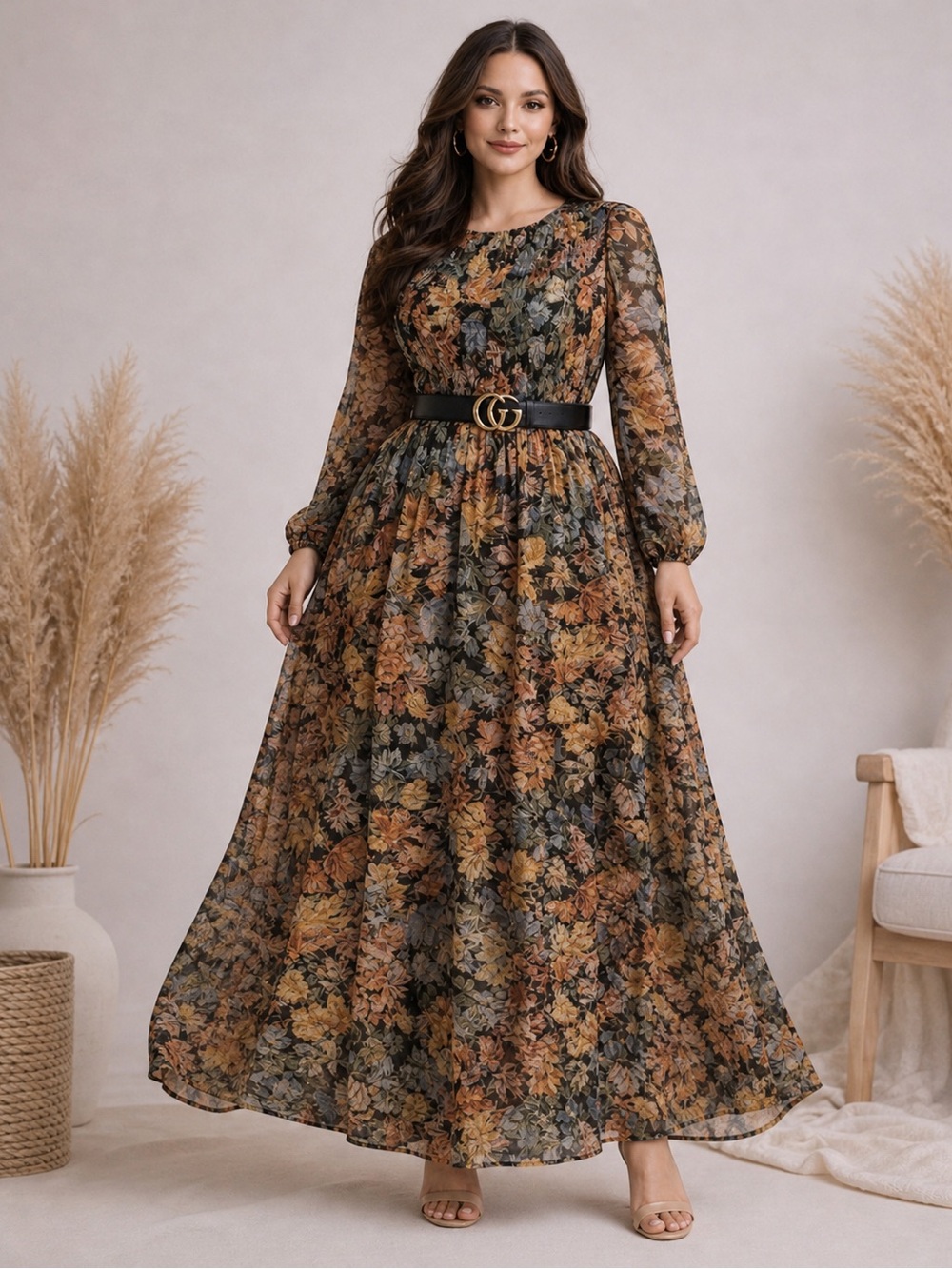 ModCloth Floral Smocked Maxi Dress 1X | Boho/Cottagecore Long Sleeve |Warm Tones - Picture 2 of 8